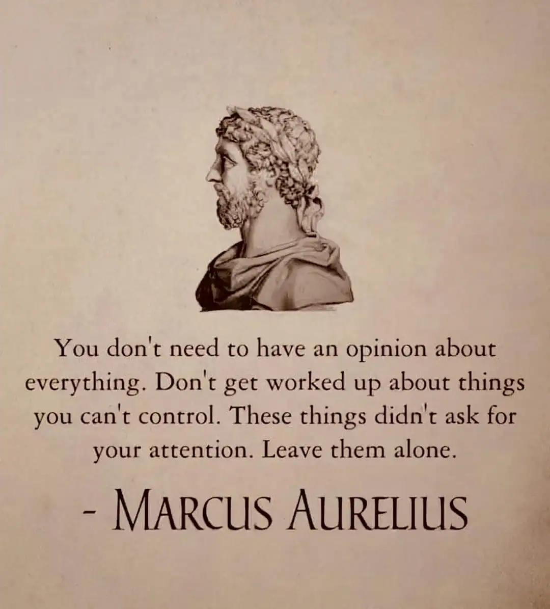 Quote by Marcus Aurelius about opinions and control with a profile sketch.