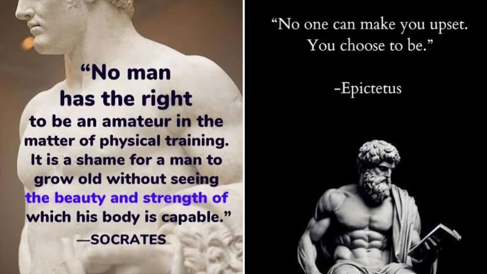 Quote by Socrates about physical training and strength with a statue image.