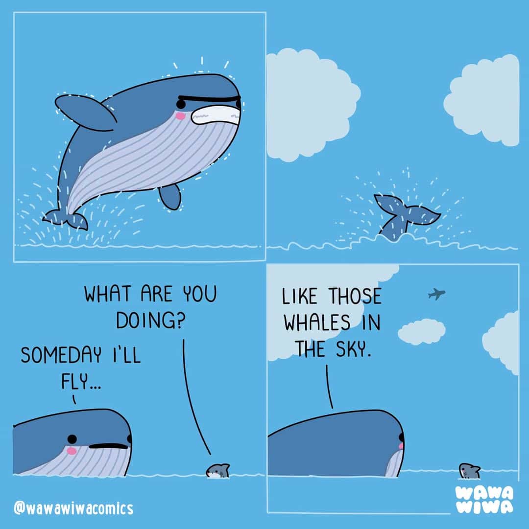 Whale and small whale in sky with clouds, discussing flying and whales in the sky.