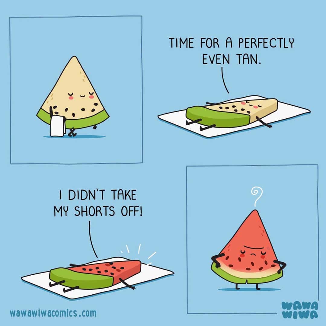 Cute cartoon watermelon, cantaloupe, and watermelon slice with humorous captions.