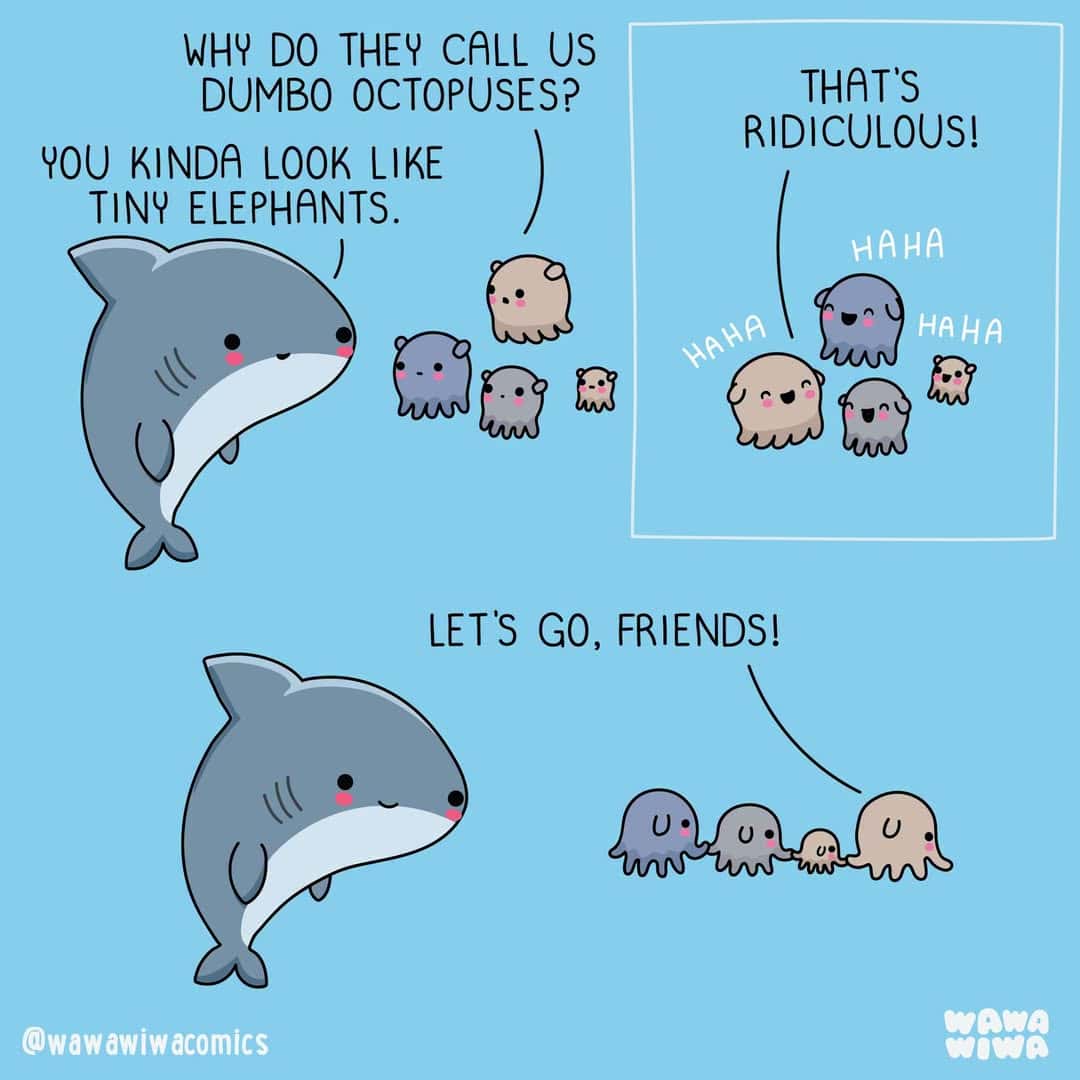 Comic with a shark and octopuses joking about their appearance and friendship.