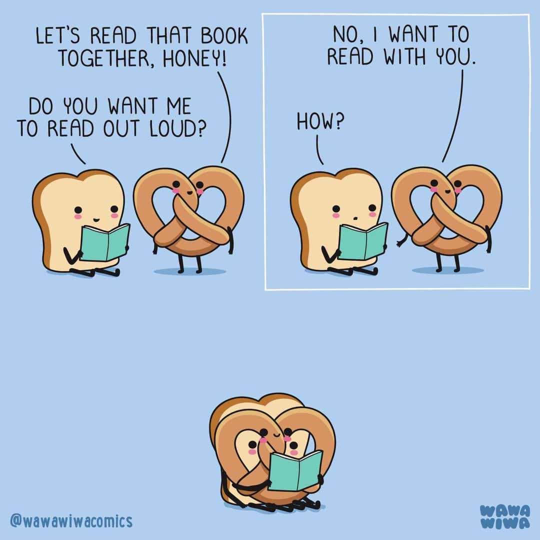 Two slices of bread and a pretzel reading a book together, sharing a moment.