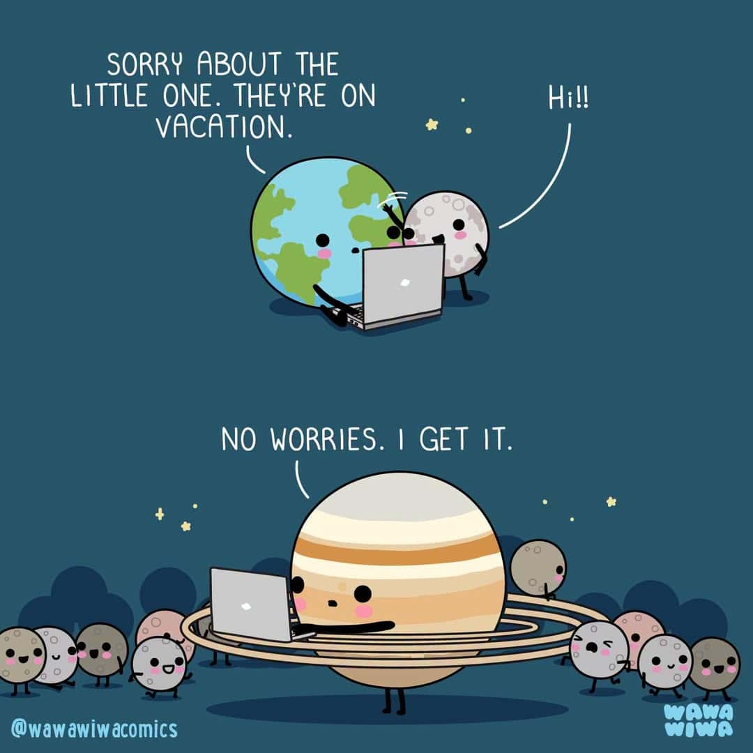 Cartoon planets and moons with laptops, discussing vacation and work.