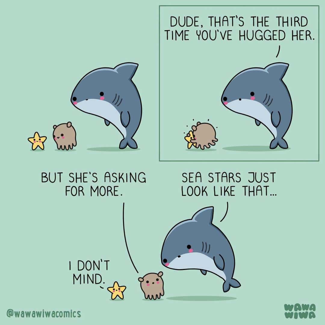 Comic strip with a shark and two starfish, discussing hugging and sea stars.