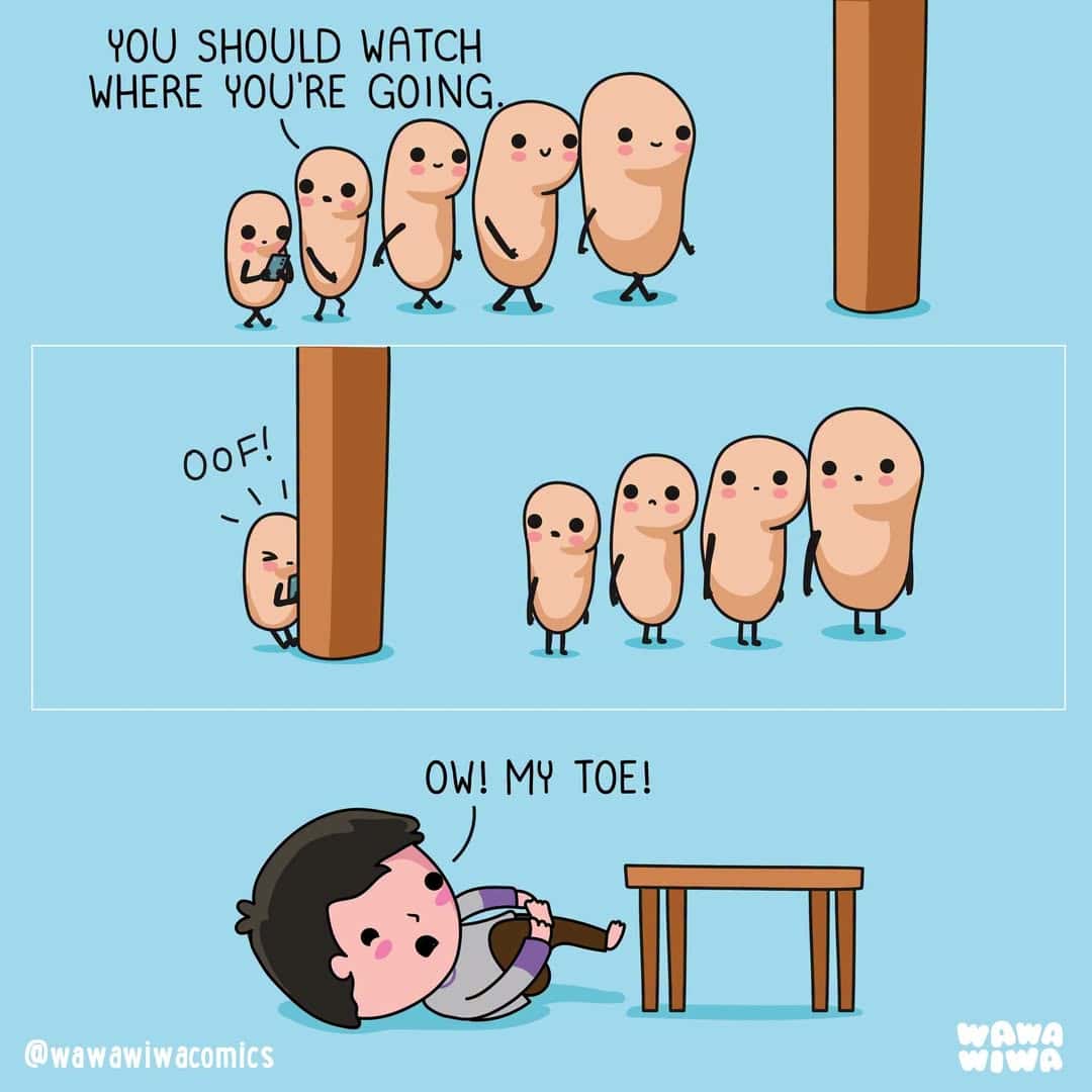 A comic strip with small characters and a child, showing a humorous lesson about watching where you.