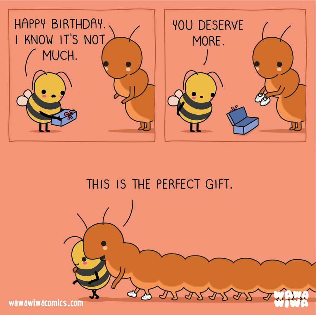 Bee and ant with a caterpillar, celebrating birthday with a gift, comic strip style.