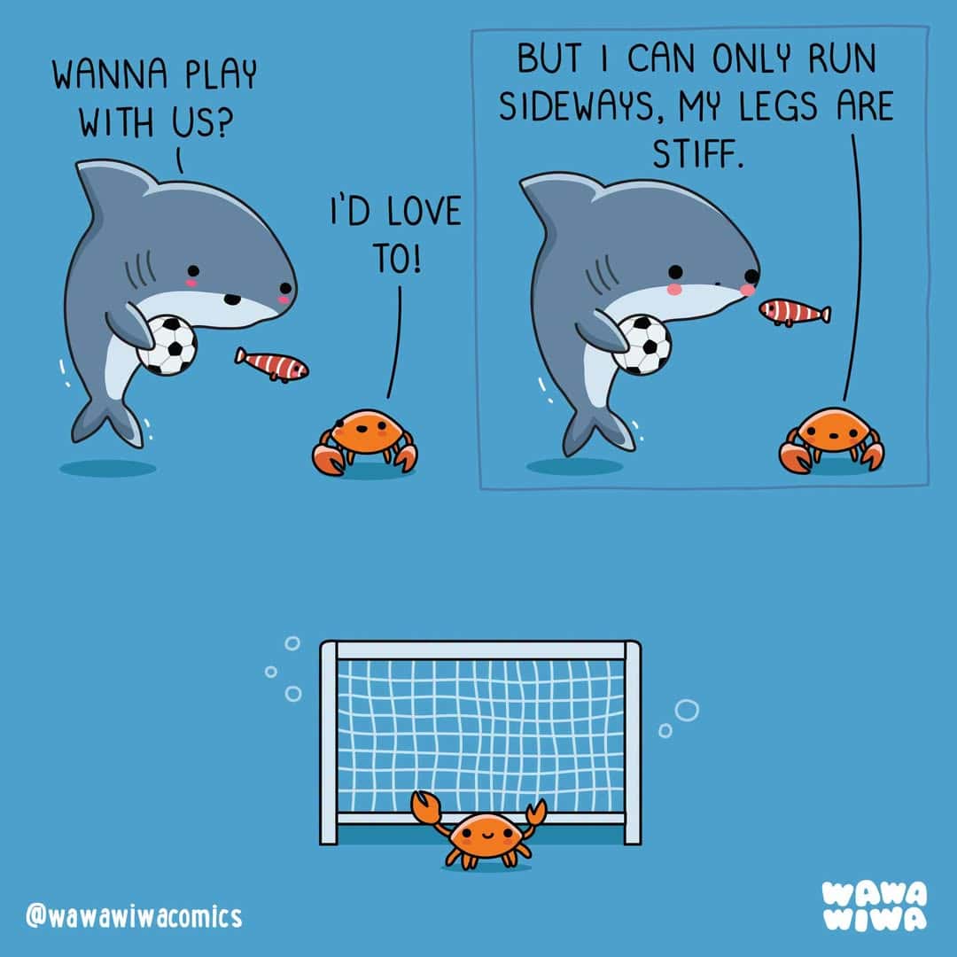 Shark and crab talking about playing soccer, with a goal and ball, in a comic strip.