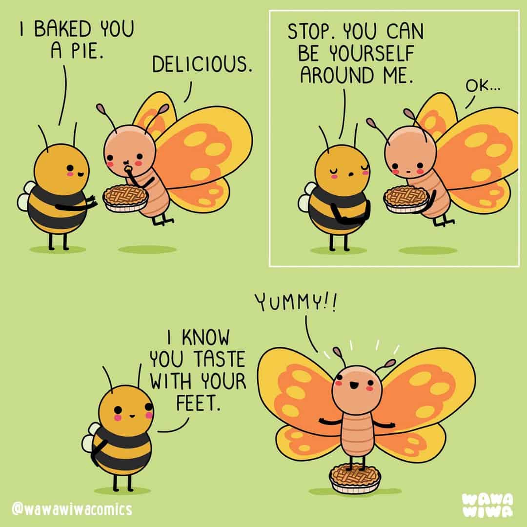 Bee and butterfly characters talking about baking and tasting pies.