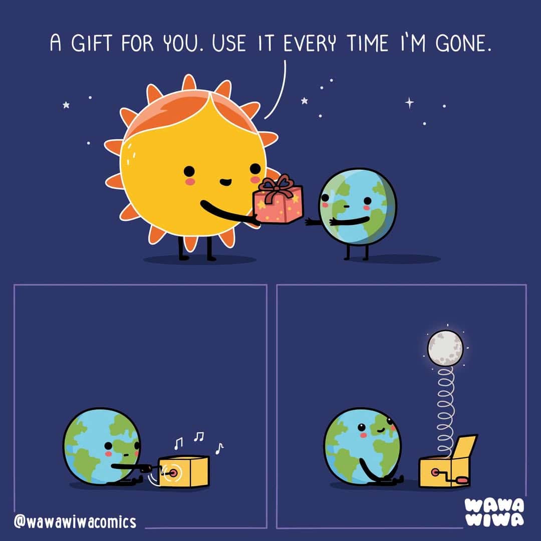 Sun gives Earth a gift, a present, saying 'A gift for you. Use it every time I'm gone.'.