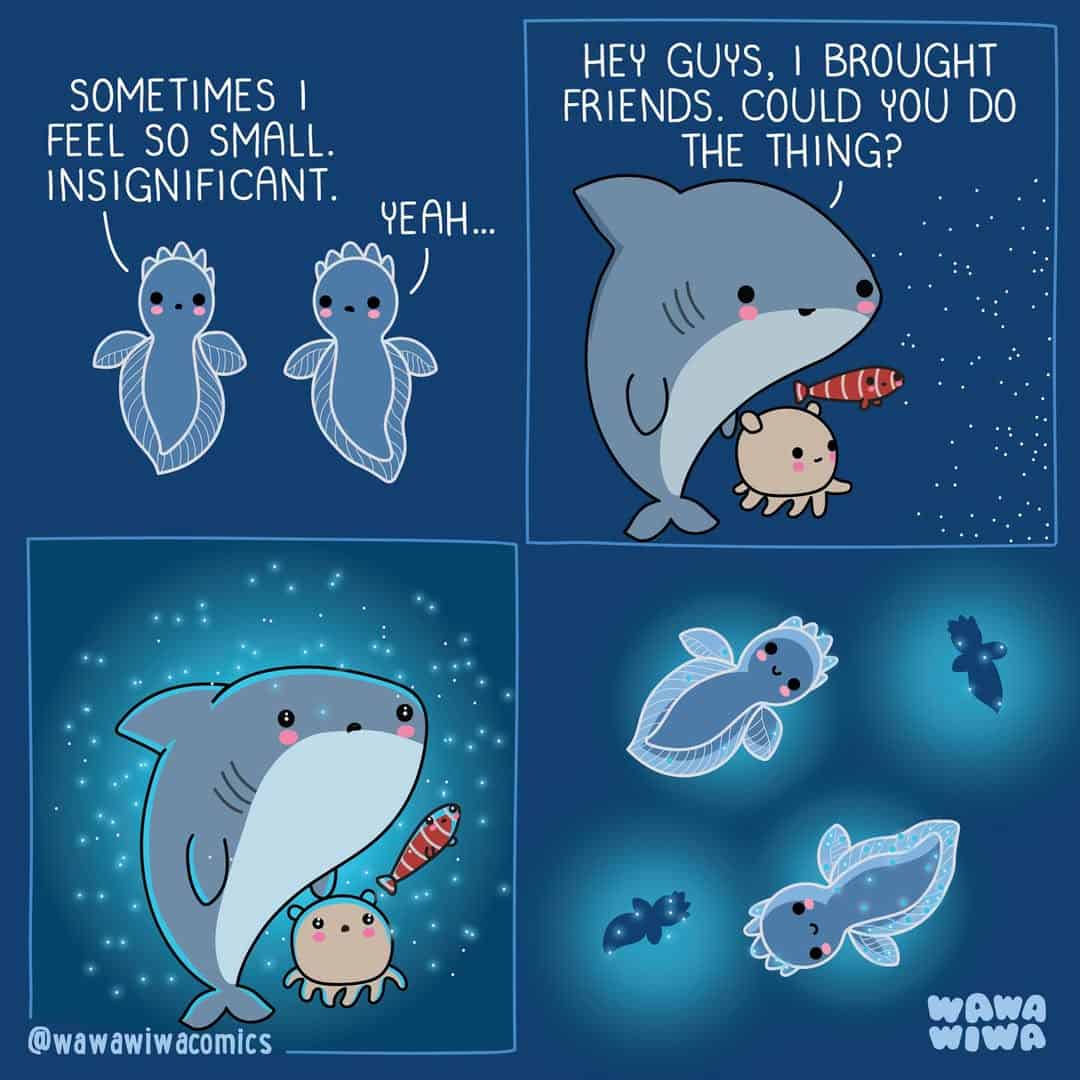 Two small, glowing sea creatures talk about feeling insignificant, then meet a big whale and friends.