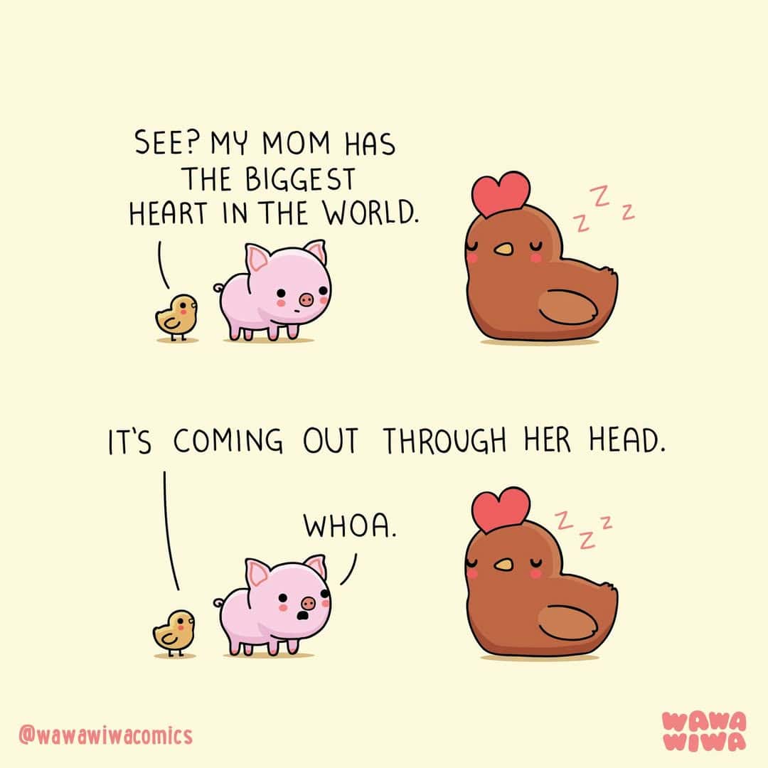 Cute cartoon of a chick, pig, and hen with a heart, discussing love and hearts.