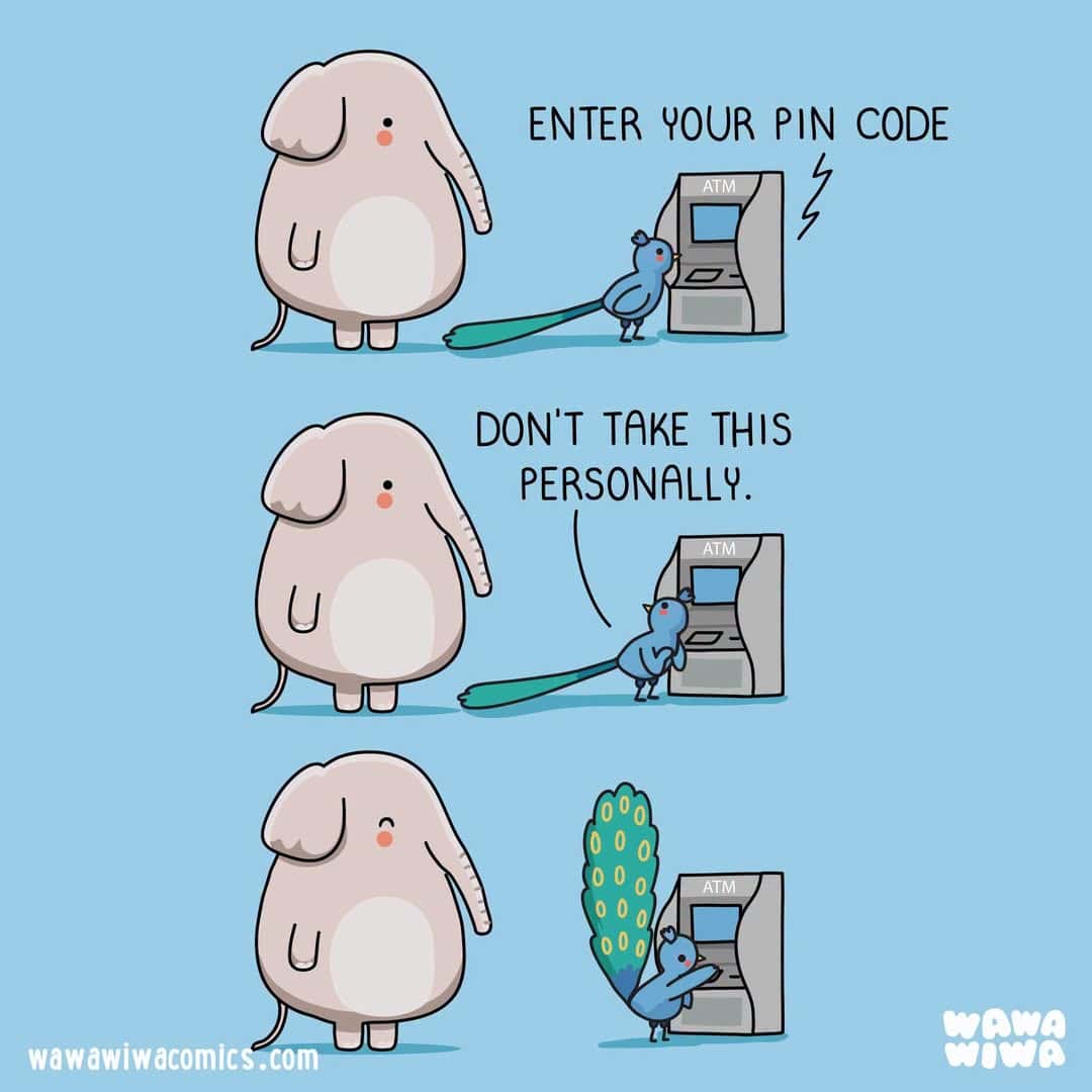 Cute cartoon of a bunny and mouse at an ATM with humorous dialogue about PIN codes.