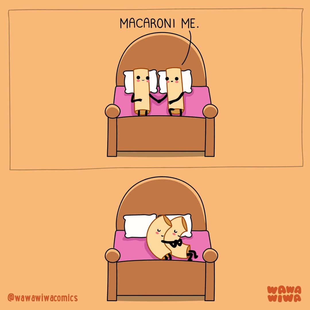 Two pieces of macaroni and a dog in bed with a speech bubble saying 'Macaroni me.'.