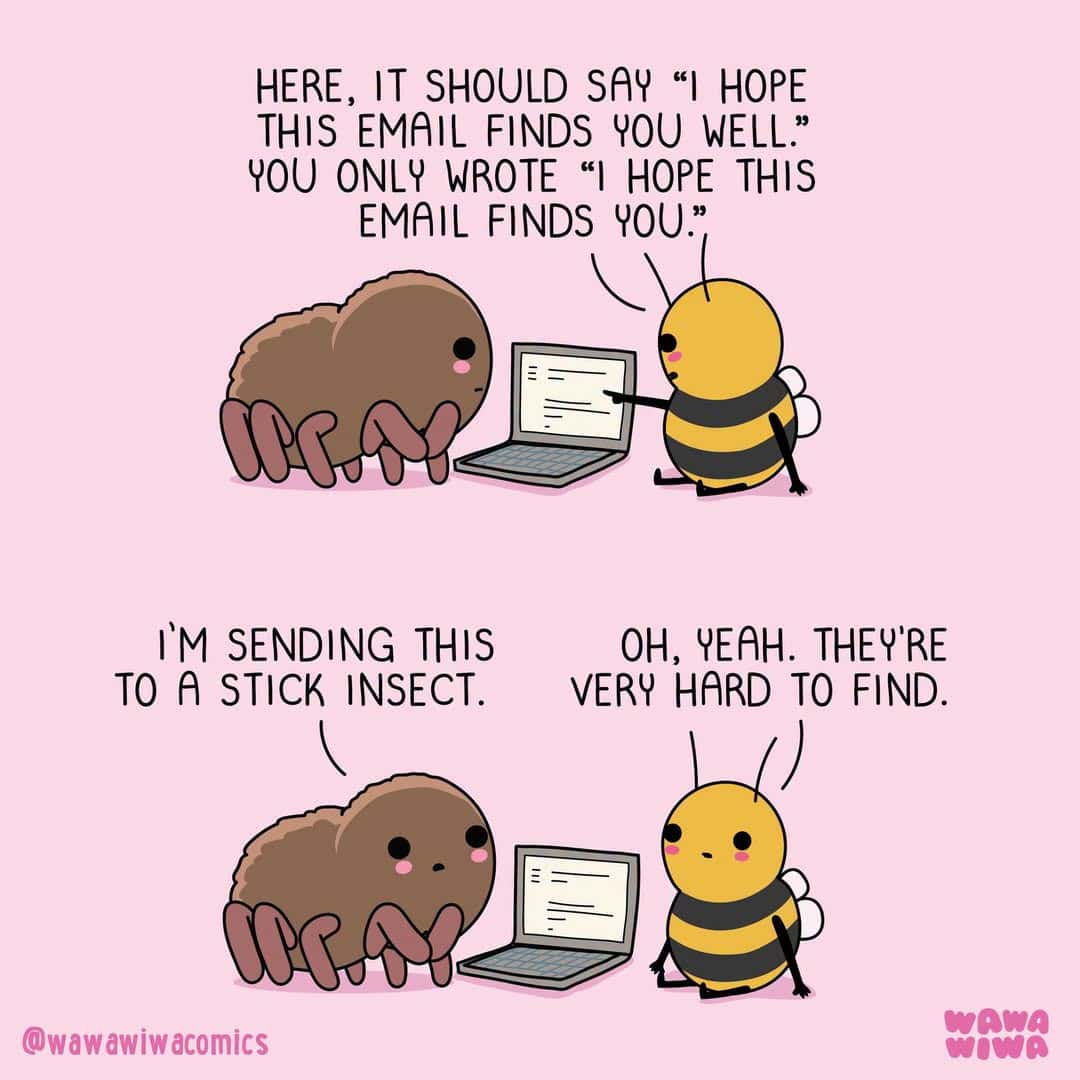 A comic with a bee and a spider discussing email and a stick insect.