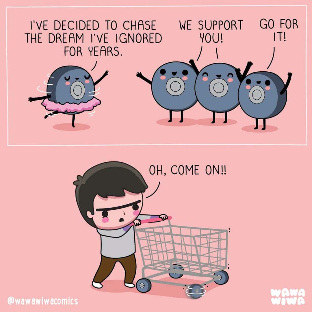 Cartoon of a girl with a shopping cart and three blueberries cheering her on.