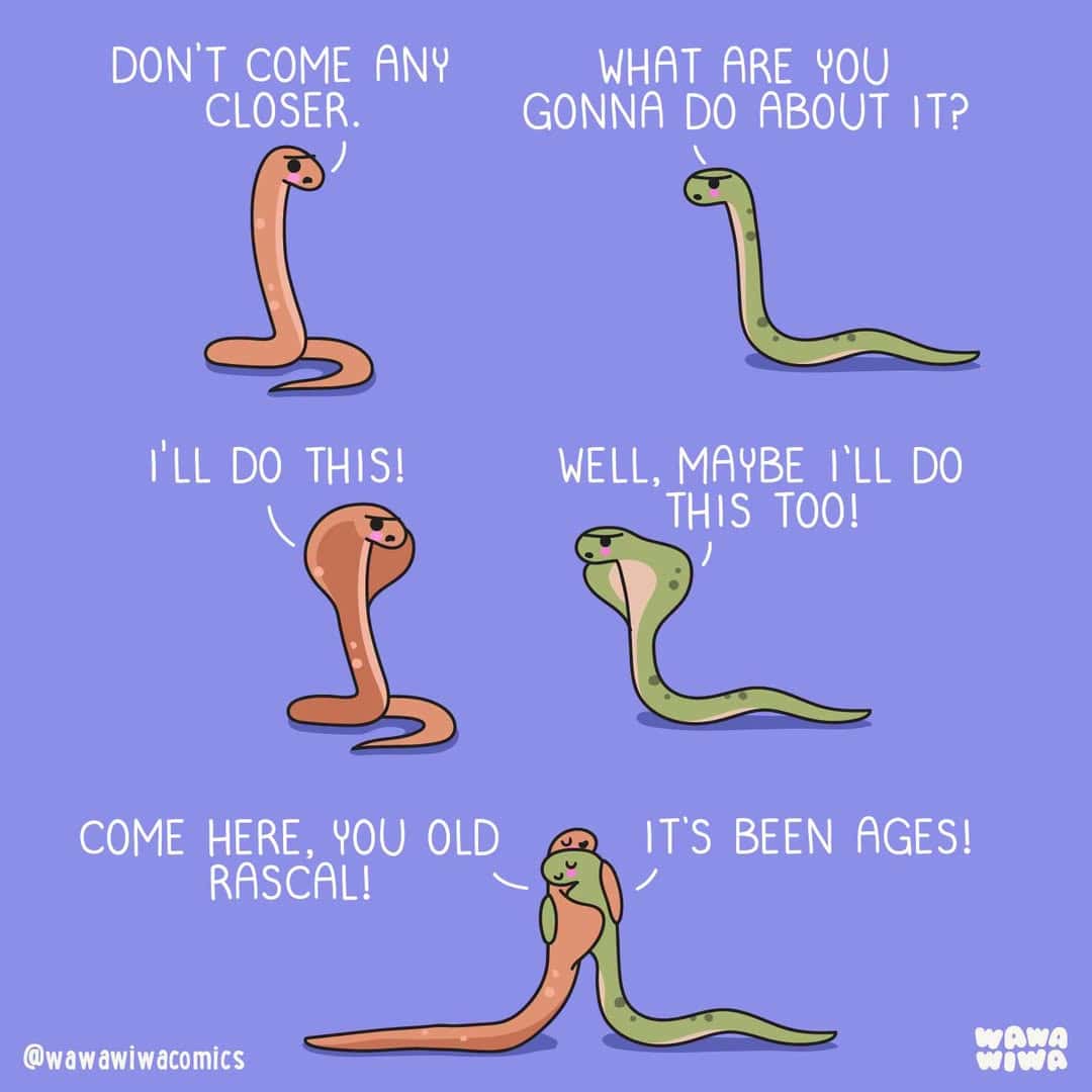 Two cartoon snakes talking, one says 'Don't come any closer,' the other asks 'What are you gonna do?.
