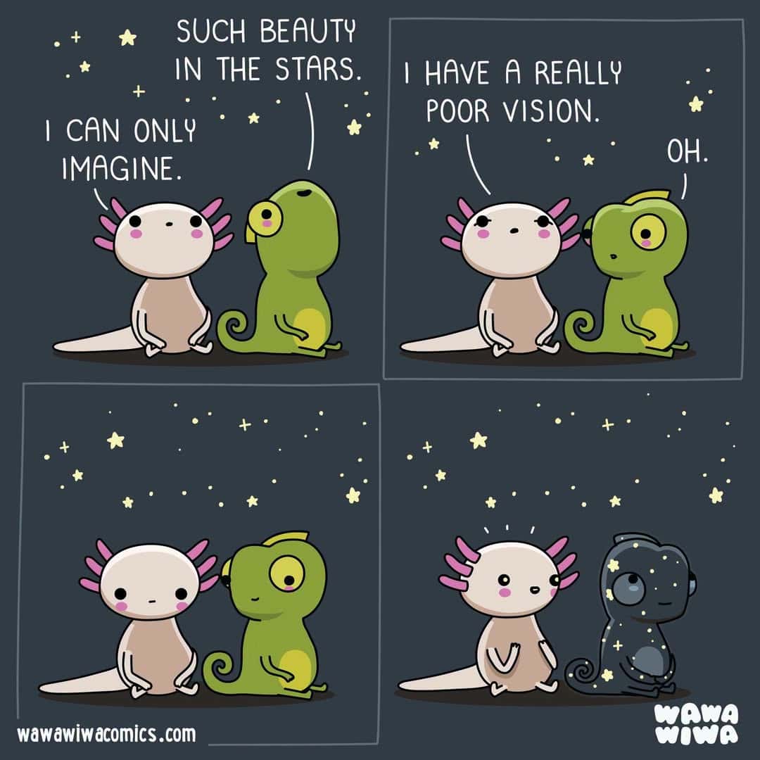 Cute cartoon chameleon and creature looking at stars, discussing vision and imagination.