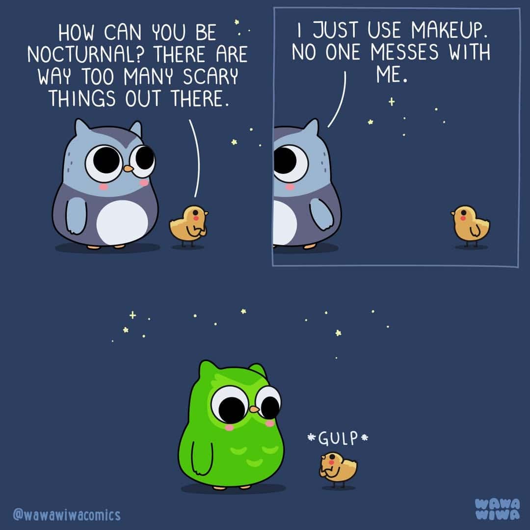 Cute cartoon cats and a duck talking about scary things and makeup.