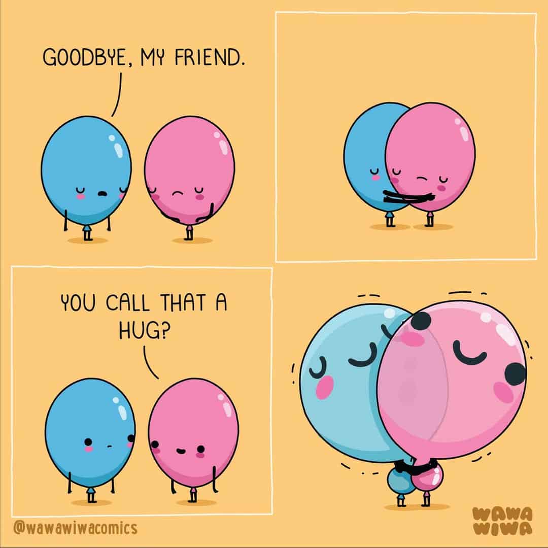 Two blue and pink characters hug, saying goodbye and calling it a hug.