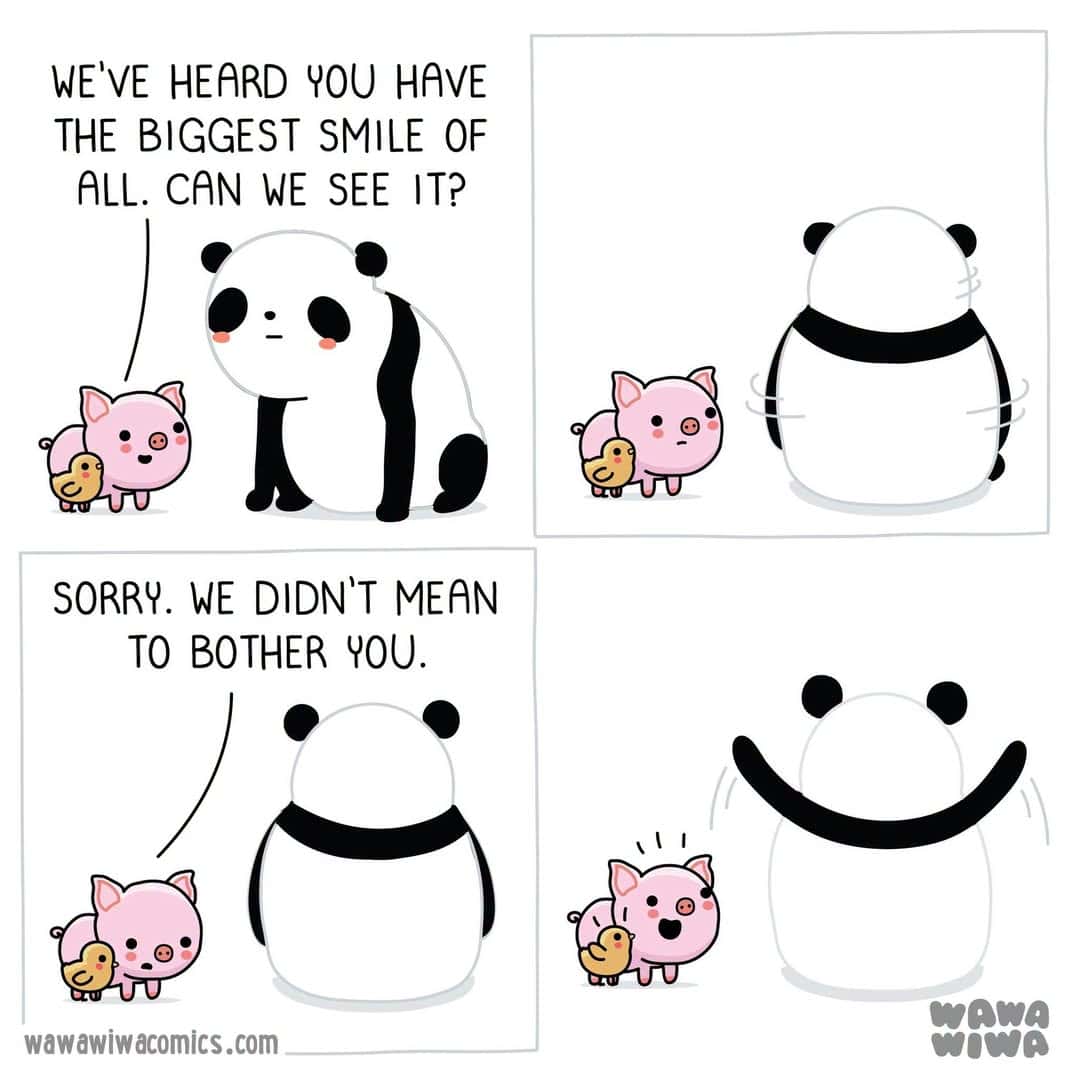 Comic strip with a panda and pig, discussing smiles and apologies.