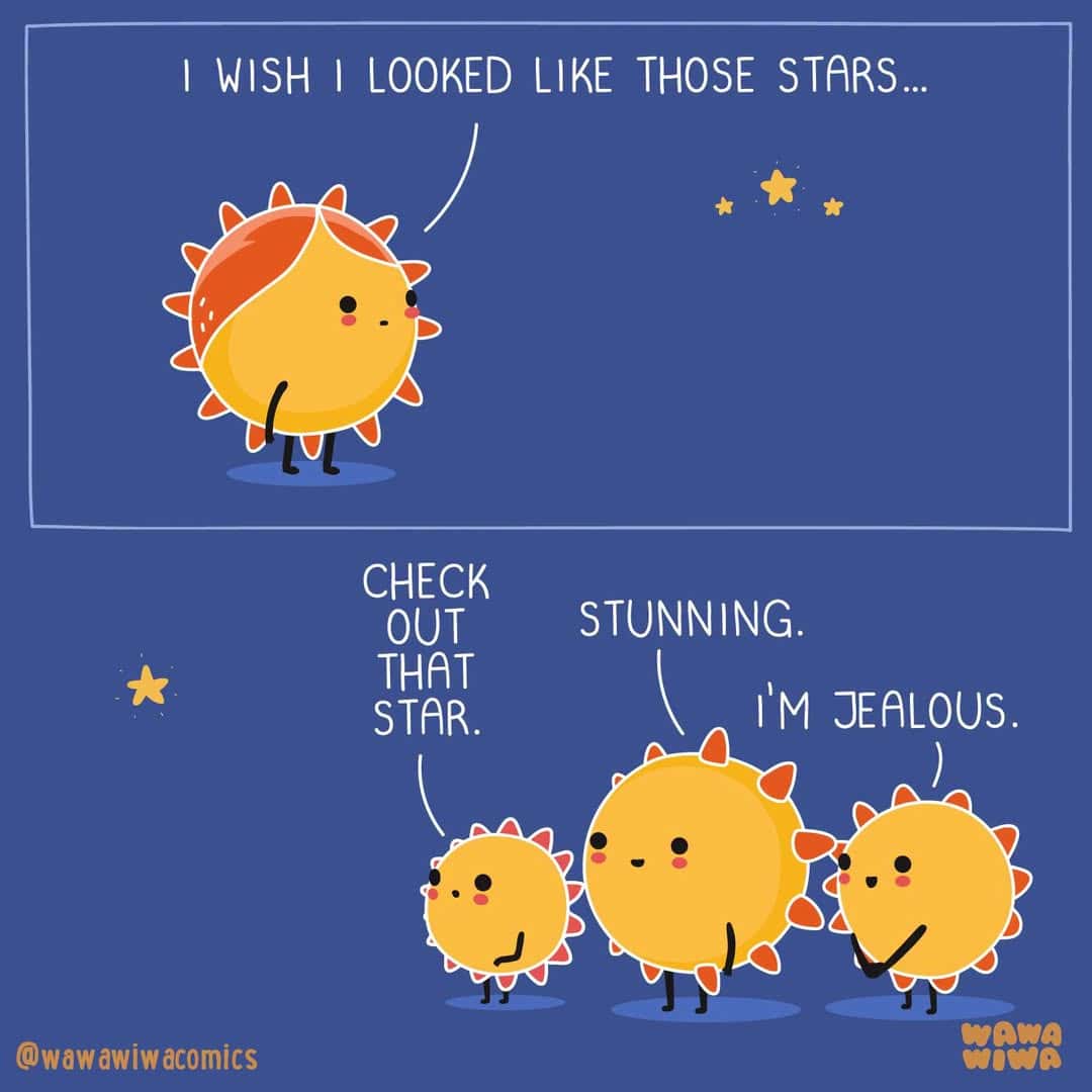 Cute cartoon sun characters with star comments from a comic strip.