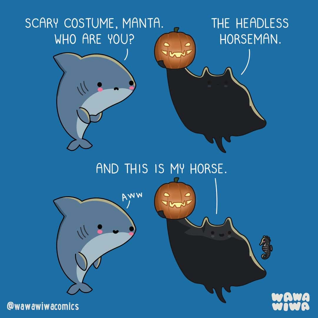 Shark asks about costume, horse says headless horseman, and shark shows horse a tiny seahorse.
