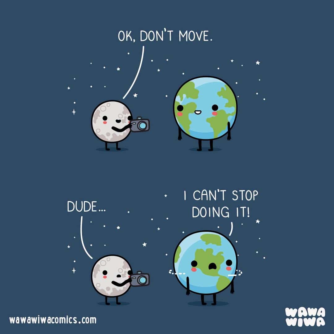 Cartoon Earth and Moon with speech bubbles about movement and doing it.