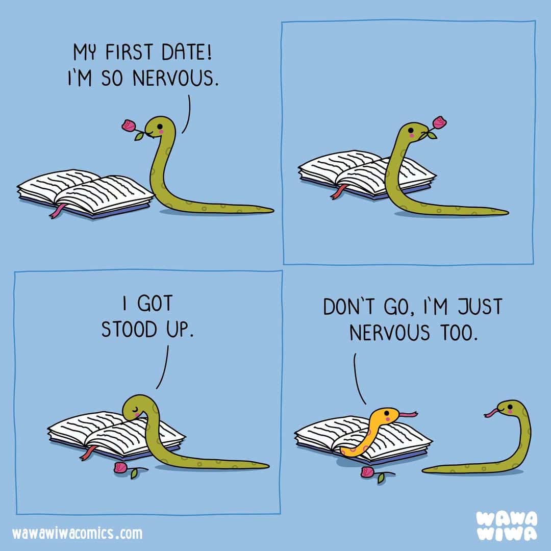 A comic strip with a snake and a worm talking about their first date and nerves.