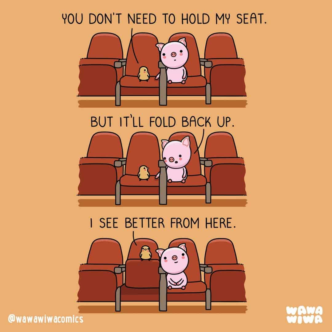 Cute pig sitting in theater seat with a small duck, comic about seat folding and view.