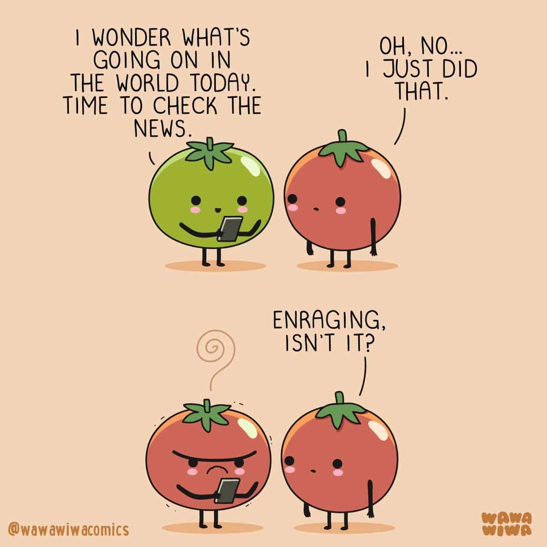 Two green and two red cartoon tomatoes with speech bubbles about news and enrage.