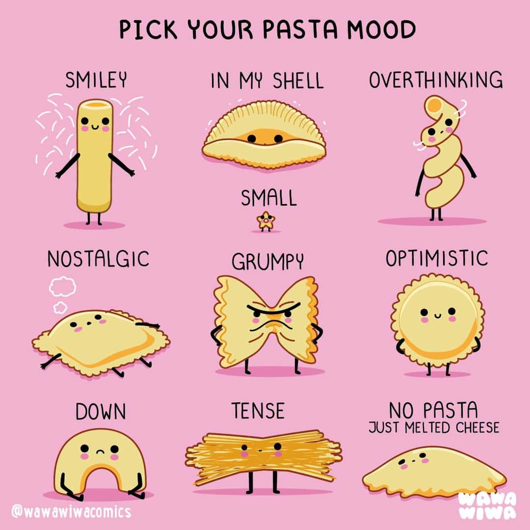 Pasta mood chart with nine pasta characters and moods: Smiley, In My Shell, Overthinking, Nostalgic,.