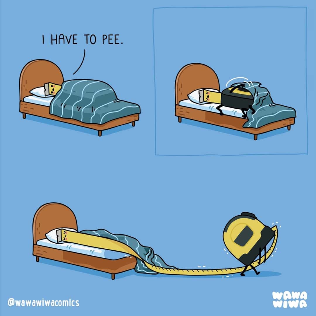 A comic strip showing a bed with a pillow and blanket, a speech bubble saying "I HAVE TO PEE," and a.