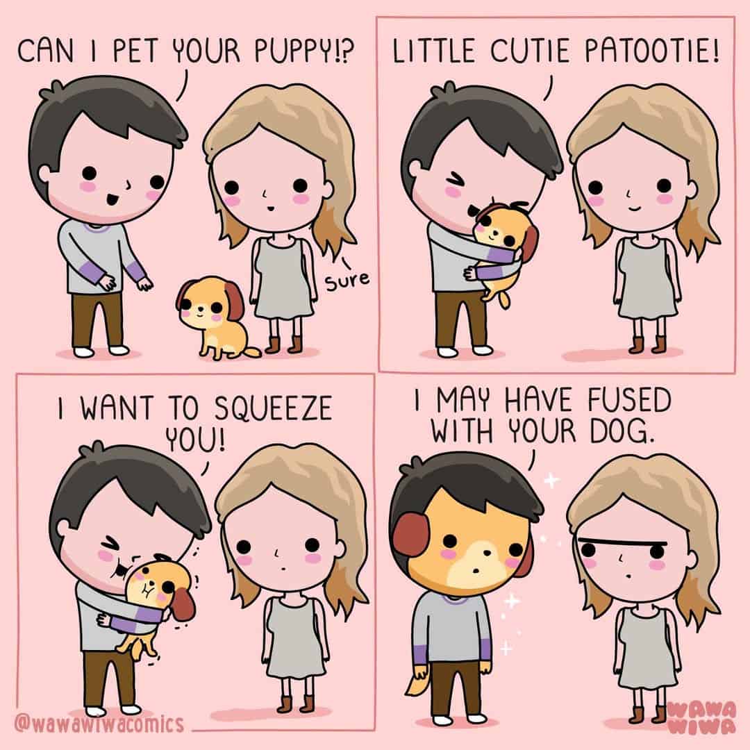 Comic strip of a girl and boy with a puppy, showing a humorous pet dilemma.