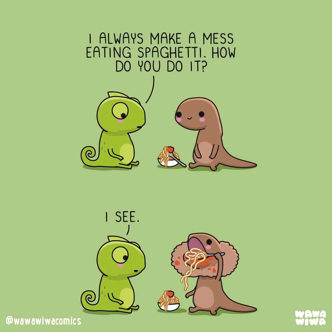 Two cartoon animals, a green chameleon and a brown otter, discuss eating spaghetti.