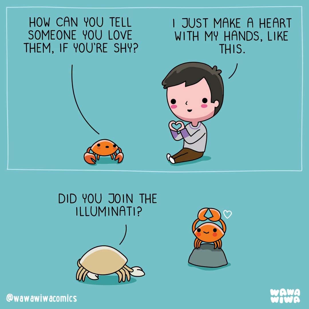Comic strip with a boy making a heart with his hands, a shy crab, and a turtle asking about the Illu.