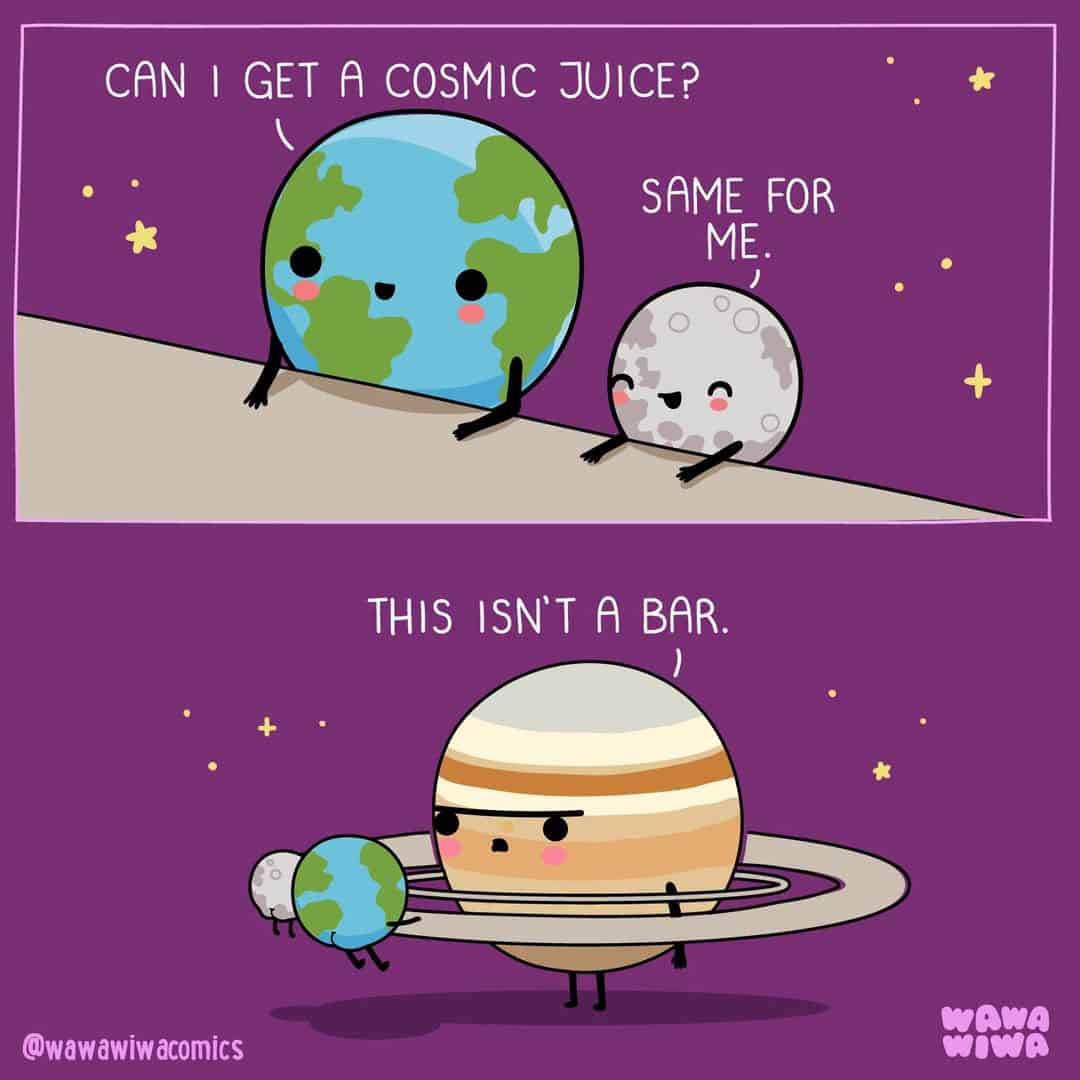 Earth and Moon characters talk about cosmic juice, with Jupiter and a tiny Earth.