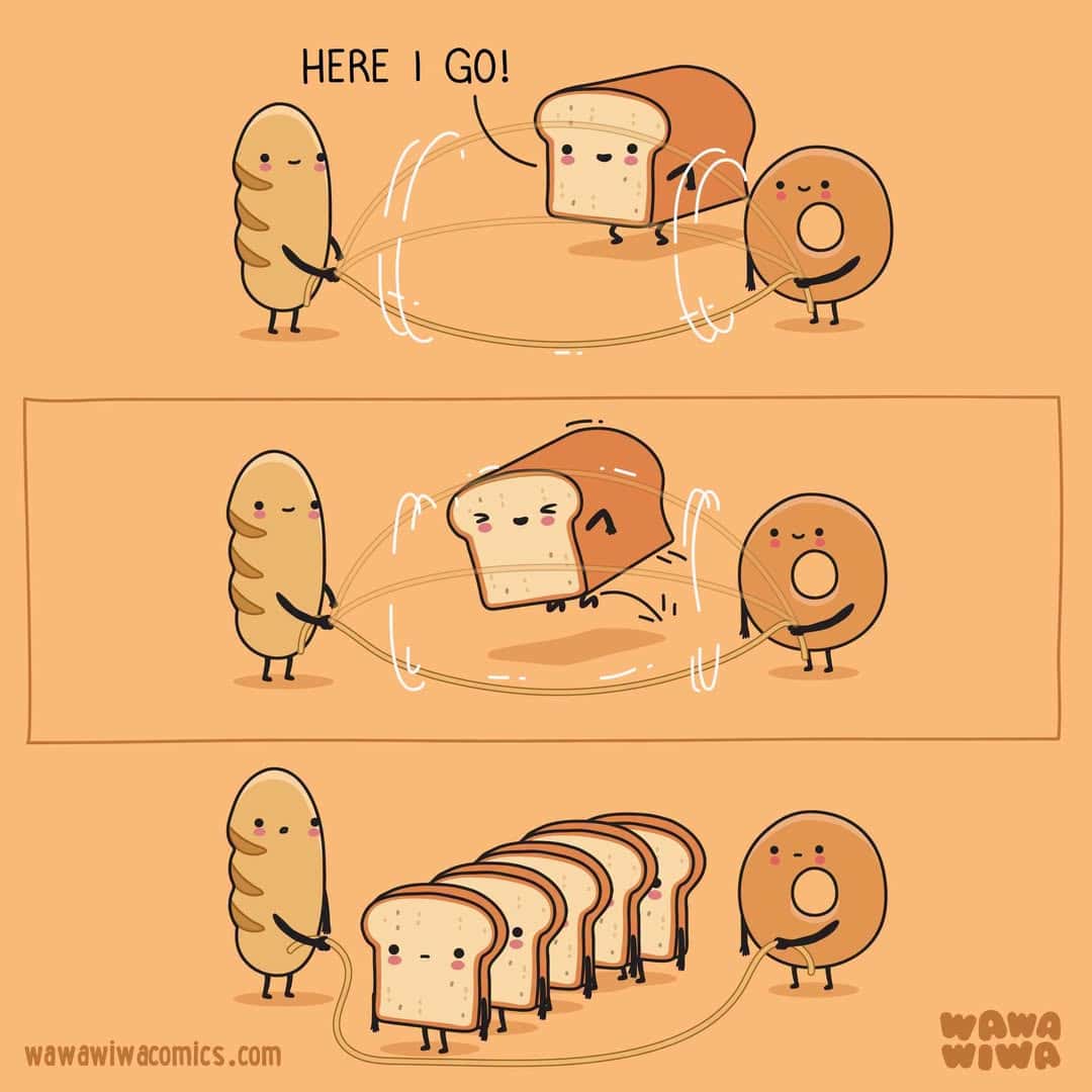 Three characters, a bread slice, a toast, and a round bread, are playing with slices of bread.
