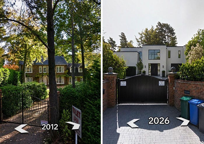 Comparison of a house in 2012 and 2026 showing renovation progress.