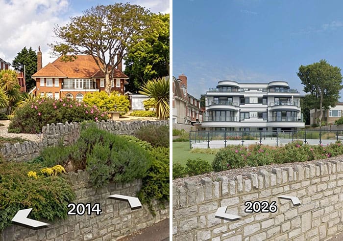 Comparison of a house and garden in 2014 and 2026 showing renovation changes.