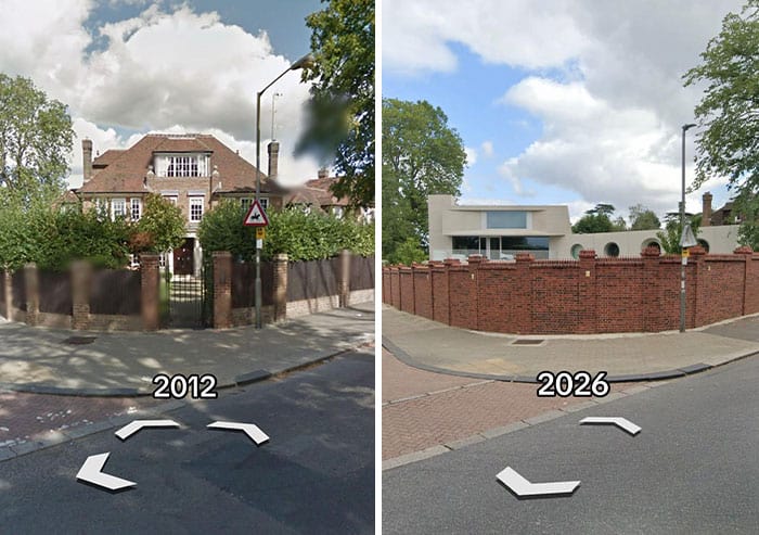 Comparison of house and street from 2012 to 2026 showing renovation.