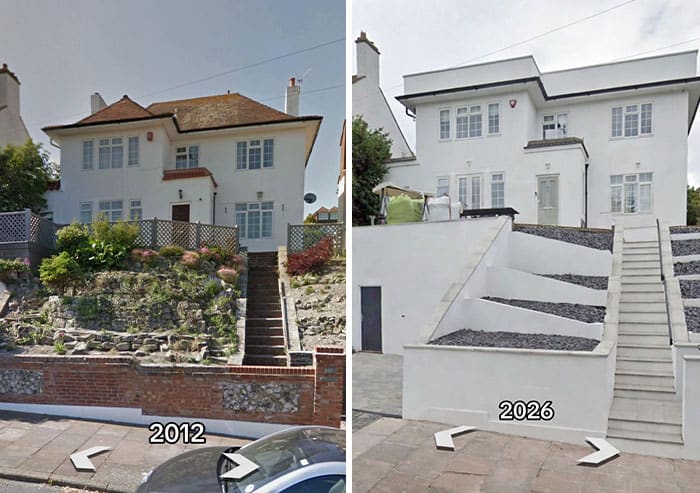 Comparison of house renovations from 2012 to 2026 showing a modernized exterior.