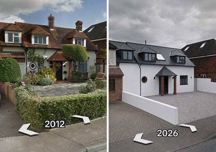 Comparison of a house in 2012 and 2026 showing renovation changes.