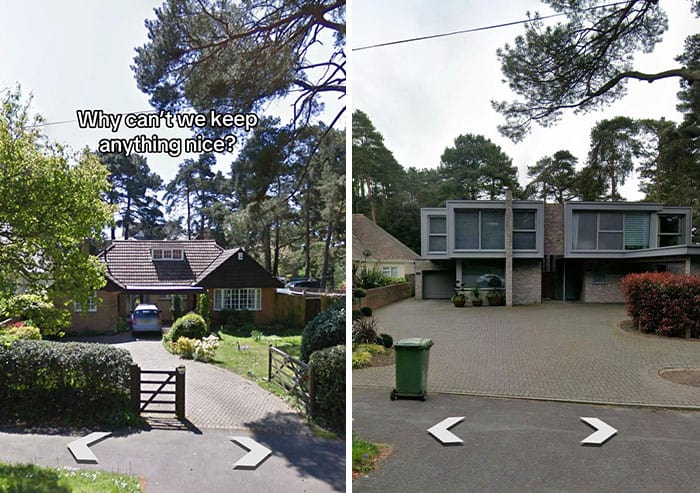 Before and after home renovation showing a house with a new modern design.