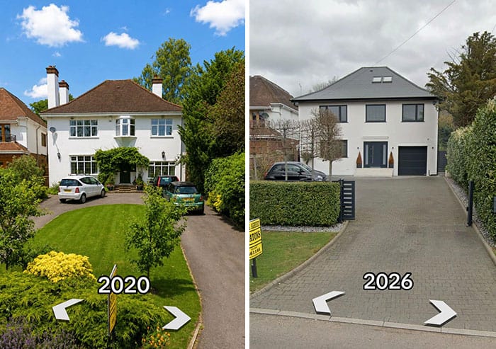 Comparison of a house in 2020 and 2026 showing renovation changes.