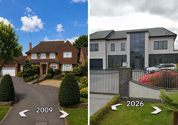 Comparison of a house in 2009 and 2026 showing renovation changes.