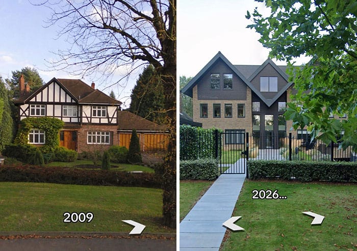 Comparison of a house in 2009 and 2026 showing renovation progress.