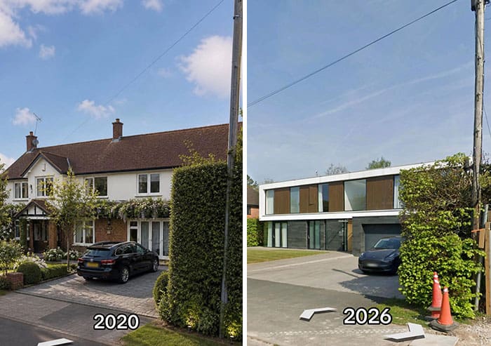 Comparison of house exterior in 2020 and 2026 showing renovation.