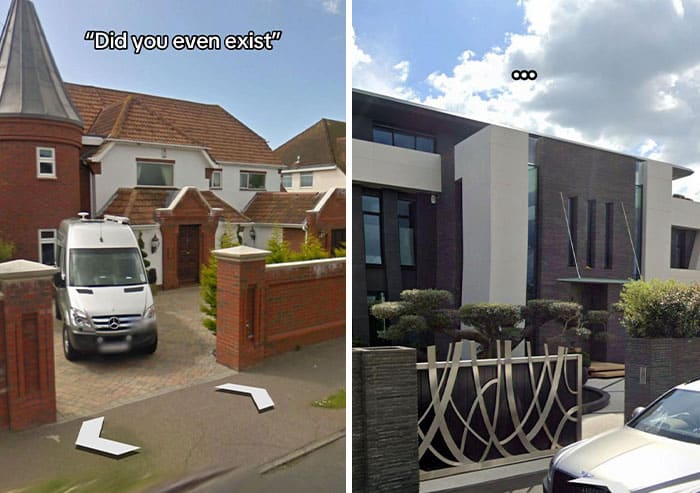 Before and after home renovation with humorous caption about existence.