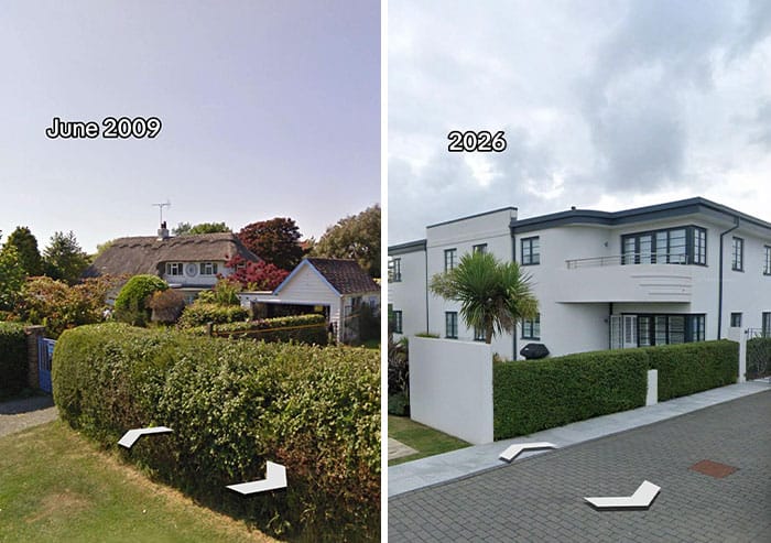 Comparison of a house's garden in June 2009 and 2026 showing renovation.
