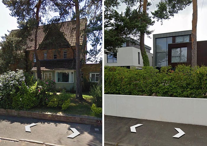 Before and after home renovation showing a house and yard transformation.